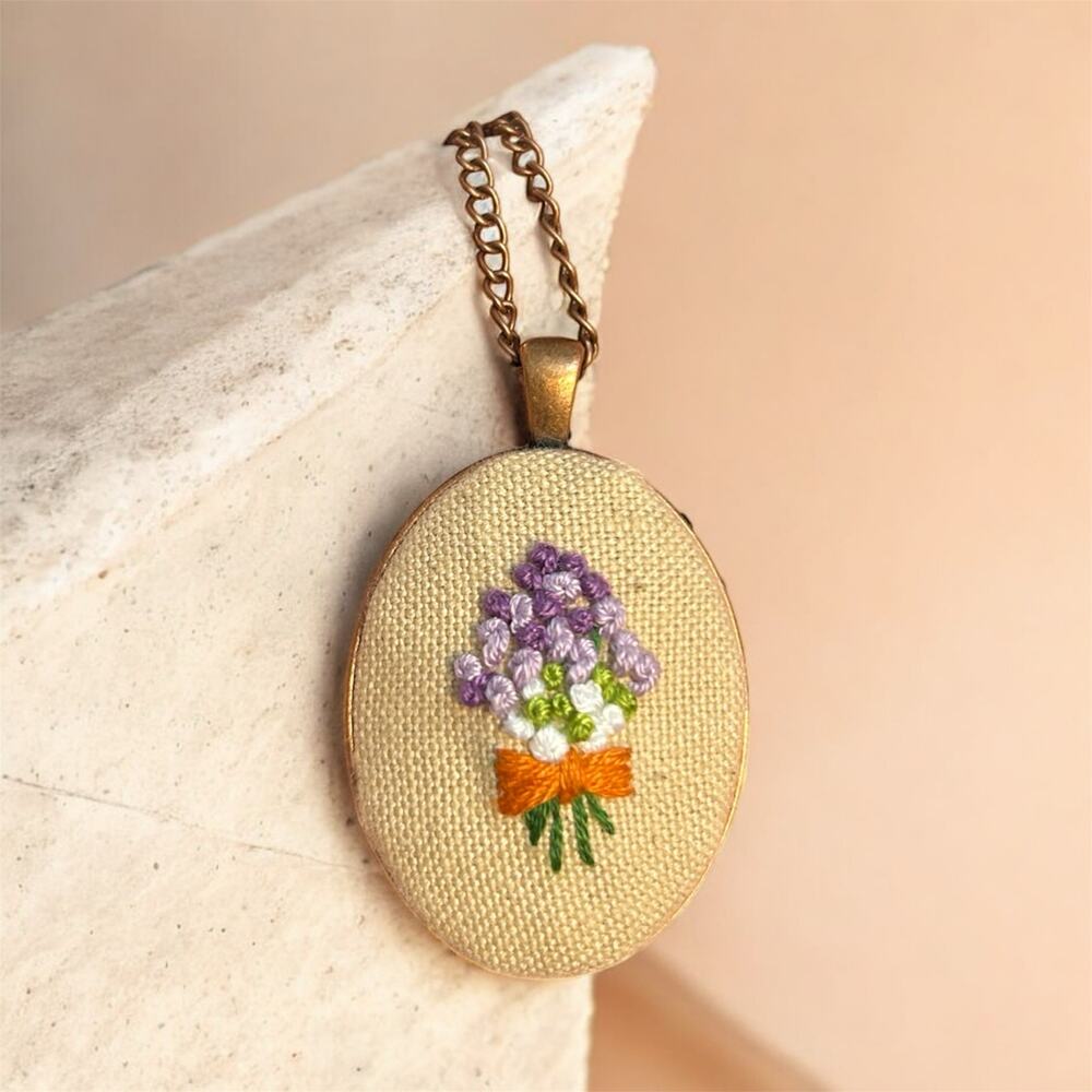 Lavender Bouquet Flower Embroidery Necklace, Handmade Pendant